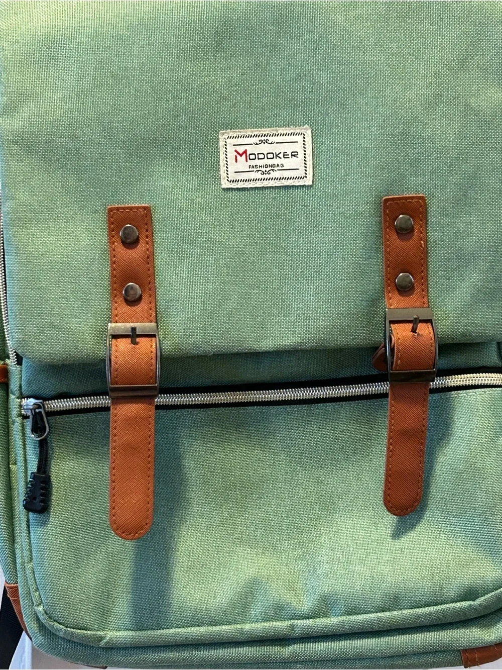 Modoker Sage Green Canvas Backpack with Brown Trim